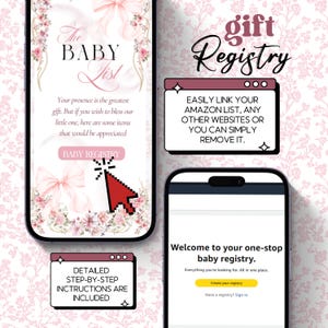 Puede incluir: Tres tel&eacute;fonos inteligentes muestran un concepto de registro de beb&eacute;s. El primero muestra "The BABY List" con detalles florales y texto. El segundo muestra "Gift Registry" e instrucciones. El tercero da la bienvenida a los usuarios.