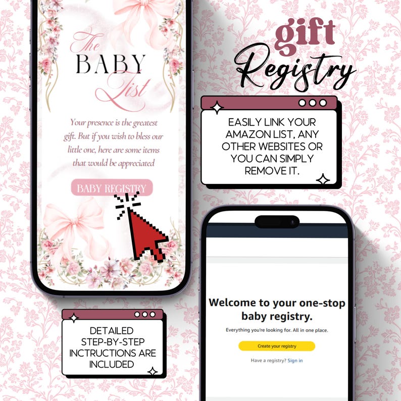 Puede incluir: Tres tel&eacute;fonos inteligentes muestran un concepto de registro de beb&eacute;s. El primero muestra "The BABY List" con detalles florales y texto. El segundo muestra "Gift Registry" e instrucciones. El tercero da la bienvenida a los usuarios.