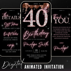 Faire-part vidéo numérique pour fête d'anniversaire de vos 40 ans, 40e carte virtuelle d'invitation glamour, carte virtuelle animée Evite d'itinéraire modifiable en or rose noir et argent, diamants et argent