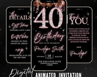 Digital 40th Birthday Party Video Invitation, 40th Glam Invite Ecard, Animated Black Rose Gold Silver Diamond Evite Editable Itinerary eCard