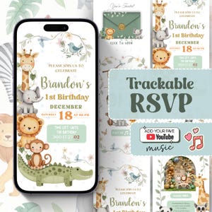 May include: A digital invitation for Brandon's 1st birthday, featuring a safari theme with a giraffe, elephant, lion, and monkey. The invitation includes the date, time, and a "Trackable RSVP" option. The design is in soft green and beige tones.