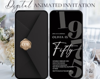 50th Birthday Evite For Men: Modern 50th Invite Her Him, Digital Animated Black Cheers to Fifty, Born in 1975, DIY Canva Editable Invite Men