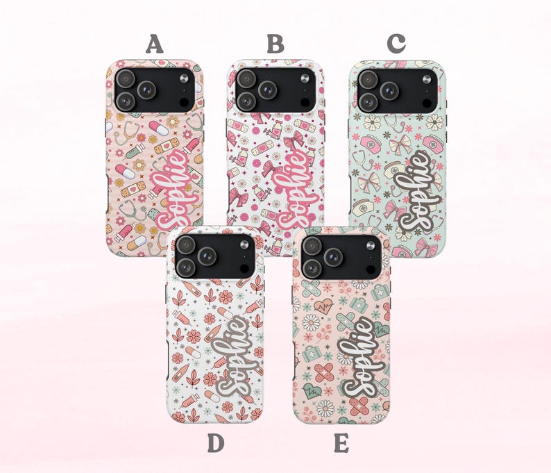 May include: Five phone cases with different designs. Each case features a unique pattern of medical-themed icons, including stethoscopes, pills, and syringes, along with the name "Sophie" in a script font. The cases are in shades of pink, blue, and cream.