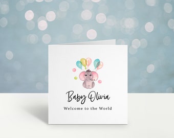 New Baby Card | Personalised Baby Girl Card | Welcome To The World Card | Elephant Card