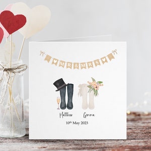 Jolie carte du jour de mariage Bottes Wellington | Carte personnalisée pour les couples heureux avec des bottes en caoutchouc