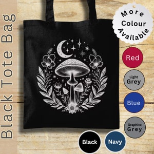 Mushroom Art Organic Cotton Tote Bag, Dark Academia Style