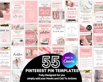 55 Pink Pinterest Templates Canva, Marketing Pins (Digital Download)