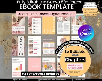 80 Page Editable Ebook Canva Template | Digital Product Template | Ebook Creator | Lead Magnet Template | Printable Guide Workbook