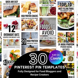 Puede incluir: Un collage de 30 plantillas de pines de Pinterest diseñadas para blogueros de comida y creadores de recetas. Las plantillas presentan varios temas relacionados con la comida, que incluyen bocadillos ricos en proteínas, panqueques saludables de plátano e ideas para preparar comidas. El texto "Edit in Canva" es visible en el centro de la imagen.