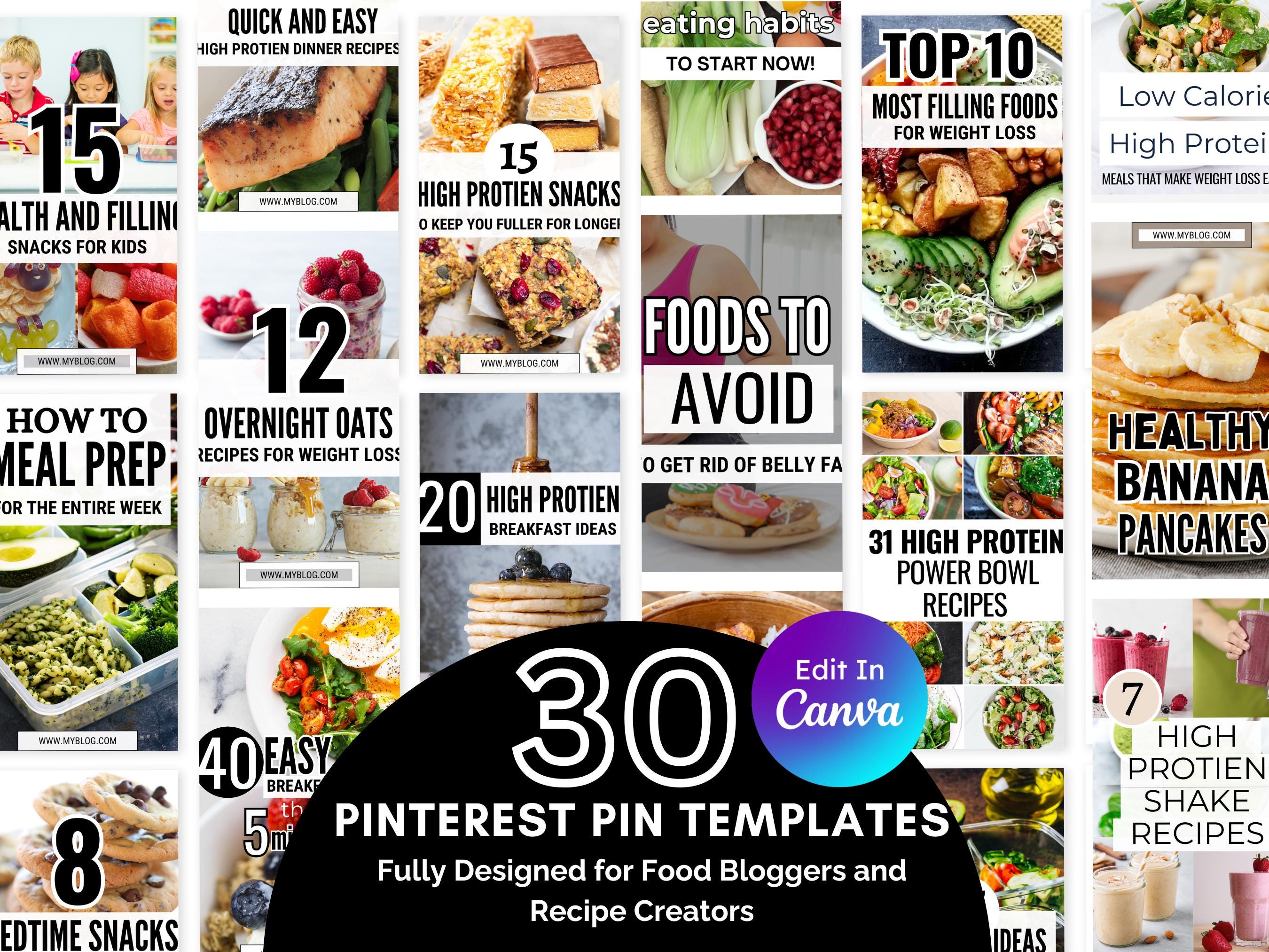30 bearbeitbare Pinterest Vorlagen für Food Blogger | Minimalistische Schwarz-Weiß Pinterest Vorlagen | Food Blogger Pinterest Vorlagen