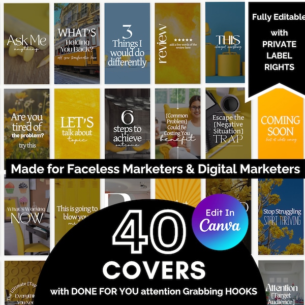 Reel Covers with Hooks for Digital Marketing: Instagram Reel Template Covers | Faceless Marketing, Canva Template, Private Label Rights PLR