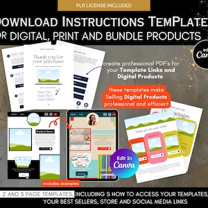 May include: A promotional image showcasing digital product templates. The image includes mockups of website pages, mobile phone screens, and PDF documents. Text on the image includes "Download Instructions Templates" and "Edit in Canva". The templates are for digital, print, and bundle products.