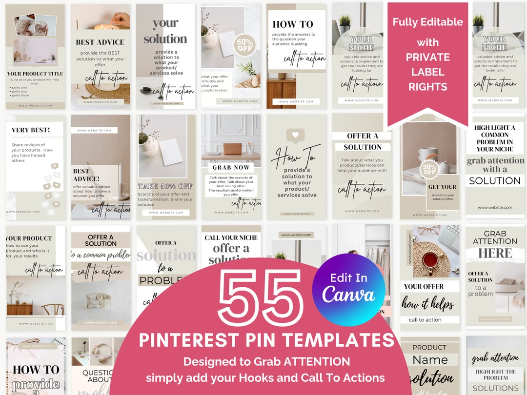 55 Neutral Pinterest Pin Templates | Canva Marketing (digital Download ...