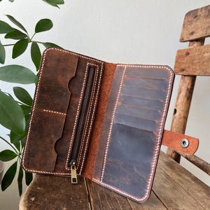 Cartera de cuero larga Cartera de cuero genuino hecha a mano Cartera plegable: elegante, duradera y funcional