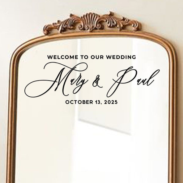 Calcomanía personalizada de espejo de boda, calcomanía personalizada de espejo de boda, calcomanía de vinilo con texto de nombres de boda, calcomanía de signo de boda personalizada