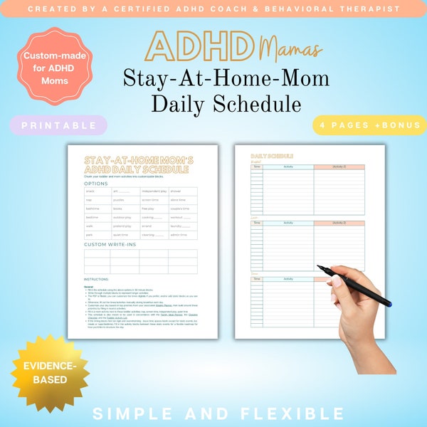 ADHD Daily Schedule for Stay-At-Home-Moms, Undated, PRINTABLE (US Letter), Family Home Organizer/Planner, made by Behavioral Therapist/Coach