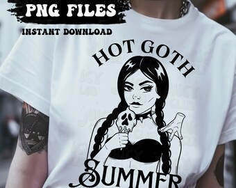 May include: A white t-shirt with a black and white graphic design of a goth girl holding a skull-shaped ice cream cone. The text "Hot Goth Summer" is written in a gothic font around the graphic.