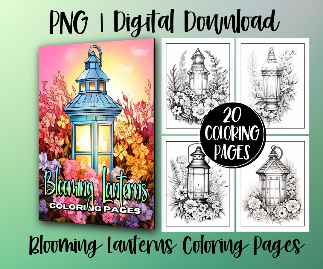 Adult Coloring Book Pages, Cute Blooming Lanterns, Digital Download ...