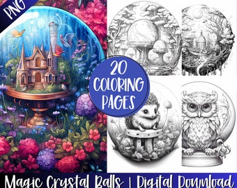 Life In Magic Crystal Ball Coloring Book Pages, Fantasy Colouring Grayscale Coloring Pages, Instant Digital Download, Printable Art Gift