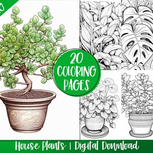 House Plant Coloring Book Pages For Adults & Kids, Gardening Grayscale Coloring Pages, Instant Download, Printable Art