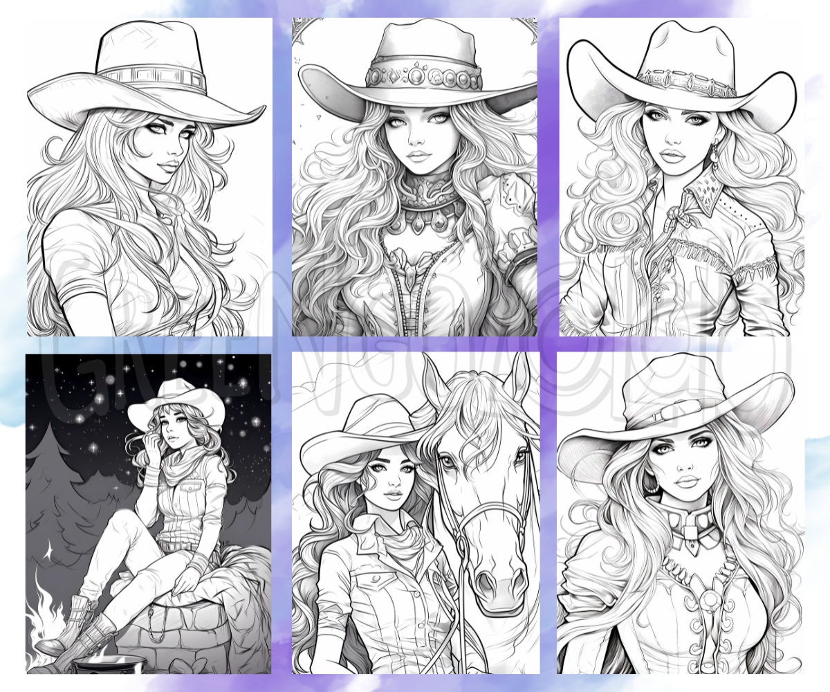 Cowgirls Coloring Book Pages for Adults, Western Grayscale Coloring ...