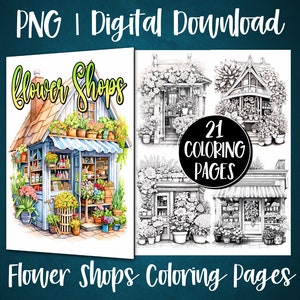 Blooming Floral Shops Coloring Book Pages For Adults, Flowers Grayscale Coloring Pages, Instant Digital Download, Printable Art Gift Idea
