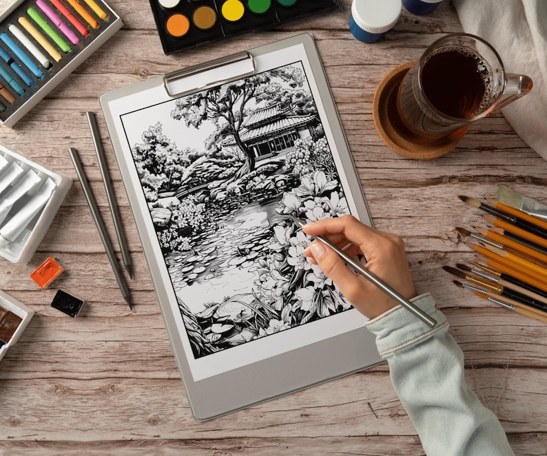 Japanese Zen Garden Coloring Book Pages, Japan Tranquil Serene Scenery ...