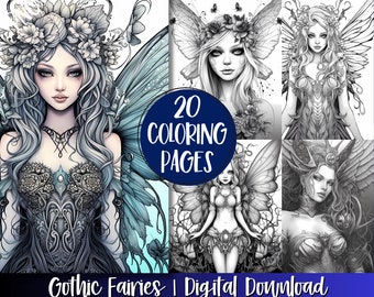 Gothic Fairy Coloring Pages For Adults, Printable Dark Fairy Grayscale Coloring Sheets, Instant Printable Download