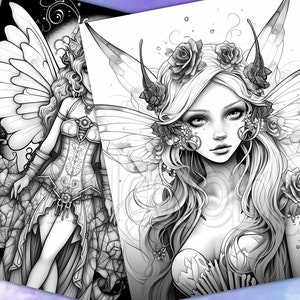 May include: Black and white line art drawing of a fairy with large wings, long hair, and a floral crown. The fairy is wearing a corset and a flowing skirt.