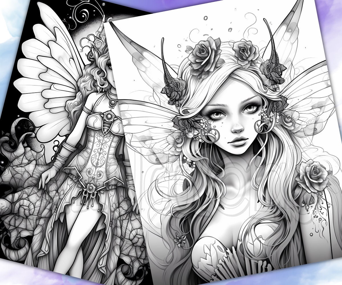 Gothic Fairy Coloring Pages for Adults, Printable Dark Fairy Grayscale ...