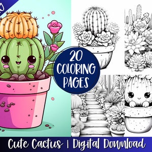 Cute Cactus In Pot Coloring Book Pages For Adults & Teens, Succulents Grayscale Coloring Pages, Digital Download, Printable Art Gift Idea