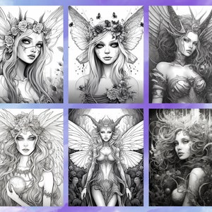 May include: Six black and white illustrations of fairies with intricate details. Each fairy has wings, flowers, and a unique hairstyle. The fairies are depicted in various poses, some with their wings spread out and others with their arms crossed.