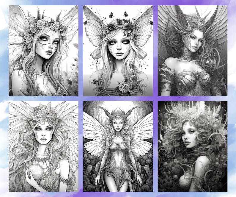 May include: Six black and white illustrations of fairies with intricate details. Each fairy has wings, flowers, and a unique hairstyle. The fairies are depicted in various poses, some with their wings spread out and others with their arms crossed.