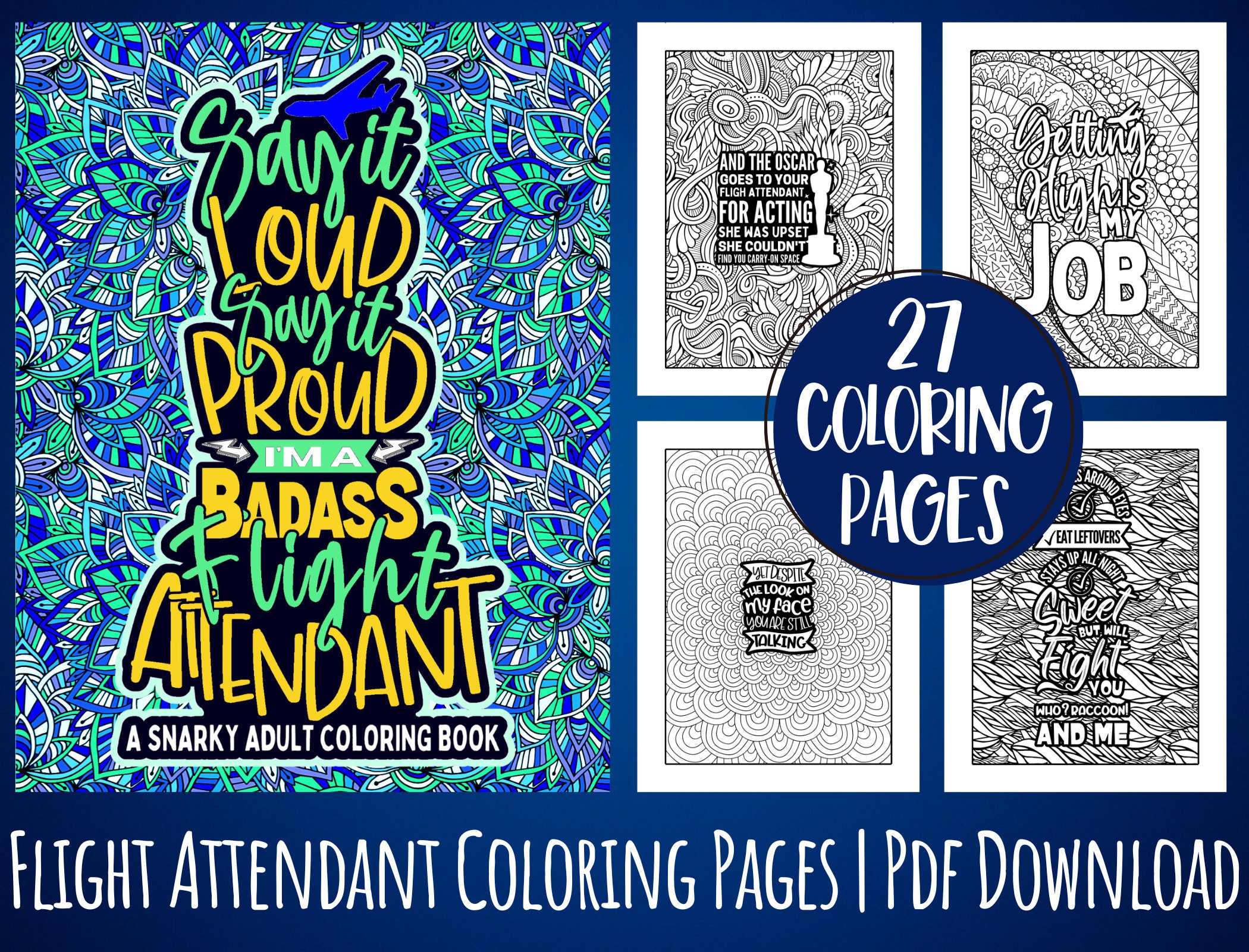 Flight Attendant Coloring Book Pages For Adults, Funny & Snarky Appreciation Printable Gift Idea For Cabin Crew Women, Men, Digital Download