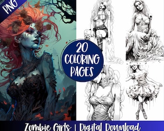 Spooky Zombie Girls Coloring Book Pages For Adults, Teens, Scary Women Light Grayscale Coloring, Digital Download, Printable Gift Idea