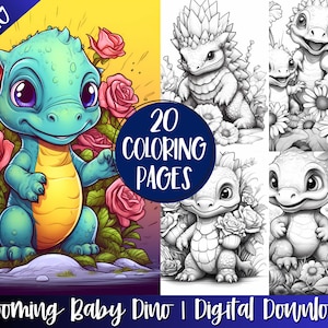 Blooming Baby Dinosaurs Coloring Book Pages, Floral Dino Grayscale Coloring Pages, Instant Digital Download, Printable Gift Idea, Sheets