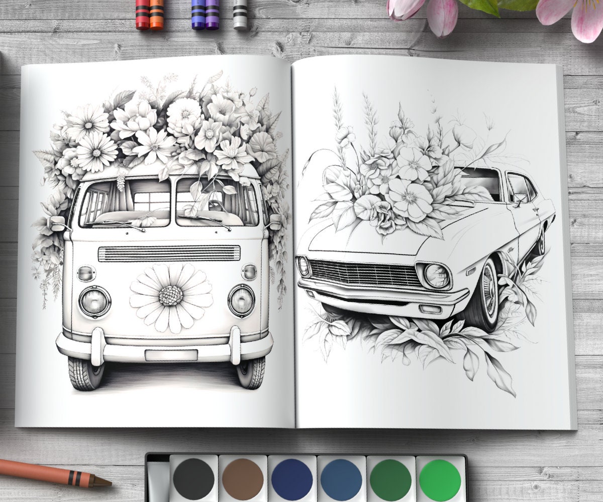 Floral Vintage Muscle Cars Coloring Book Pages - Etsy