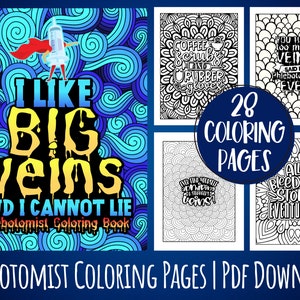 May include: A black and white coloring book with 28 pages for phlebotomists. The cover features a superhero holding a syringe with the text "I like big veins and I cannot lie. Phlebotomist Coloring Book".