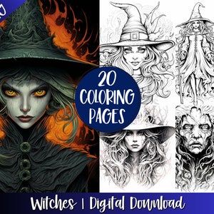 Witch Coloring Book Pages For Adults, Teens ,Witchcraft Fantasy Witches Light Grayscale Coloring, Digital Download, Printable Gift Idea