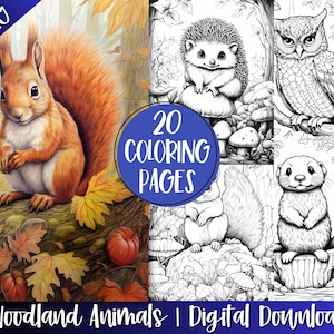 Woodland Animals Coloring Book Pages For Adults, Kids, Forest Animal Grayscale Colouring Pages, Instant Download, Printable Art Gift Idea