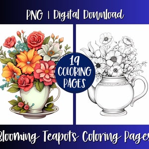 Può includere: 19 pagine da colorare con teiere piene di fiori colorati. Le teiere sono in stile vintage con un design floreale. I fiori sono di vari colori, tra cui rosso, arancione, giallo, rosa e bianco.