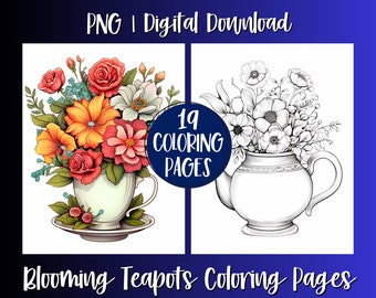 Blooming Floral Teapots, Teacups Coloring Book Pages For Adults, Flowers Grayscale Coloring Pages, Instant Digital Download, Printable Art