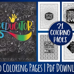 Op de afbeelding: Een set van 21 zwart-witte kleurplaten voor leerkrachten in het speciaal onderwijs. De platen bevatten motiverende citaten en illustraties met betrekking tot speciaal onderwijs. De titel van de set is "SPED COLORING PAGES | PDF DOWNLOAD".