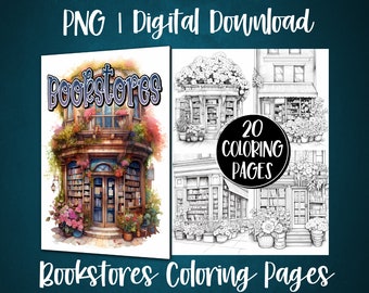 Bookstore Storefront Coloring Book Pages: Library Grayscale Sheets