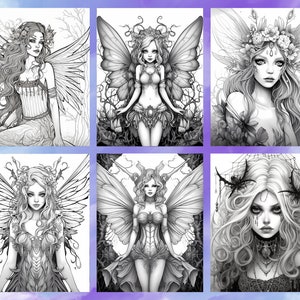 May include: Six black and white illustrations of fairies with wings, flowers, and intricate details. Each fairy has a unique hairstyle and expression.