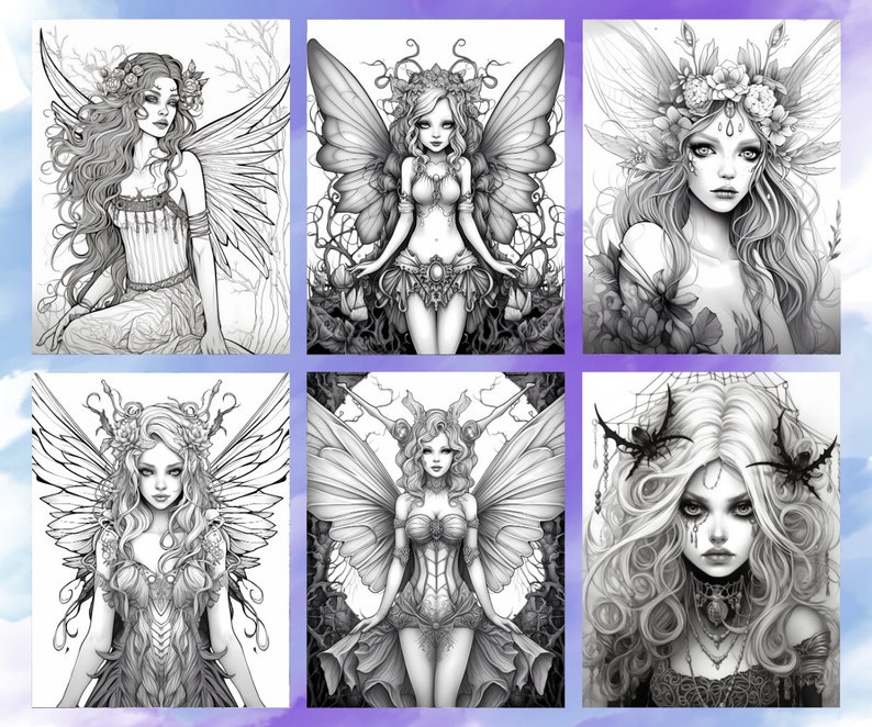 May include: Six black and white illustrations of fairies with wings, flowers, and intricate details. Each fairy has a unique hairstyle and expression.