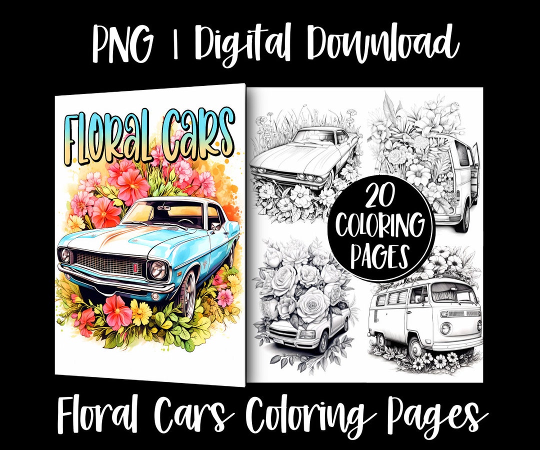 Floral Vintage Muscle Cars Coloring Book Pages - Etsy