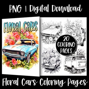 Floral Vintage Muscle Cars Coloring Book Pages