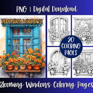 Blooming Floral Windows Coloring Book Pages For Adults, Flowers Grayscale Coloring Pages, Instant Digital Download, Printable Art Gift Idea
