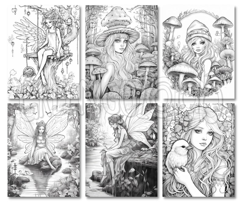Forest Fairies Coloring Book Pages for Adults & Kids, Fantasy Fairy ...